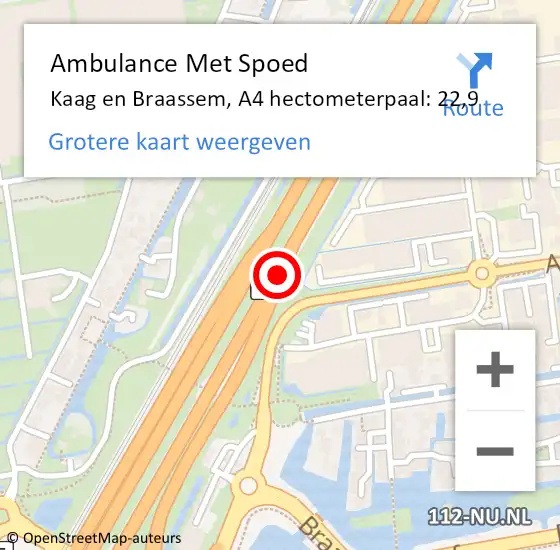 Locatie op kaart van de 112 melding: Ambulance Met Spoed Naar Kaag en Braassem, A4 hectometerpaal: 22,9 op 5 maart 2022 18:12