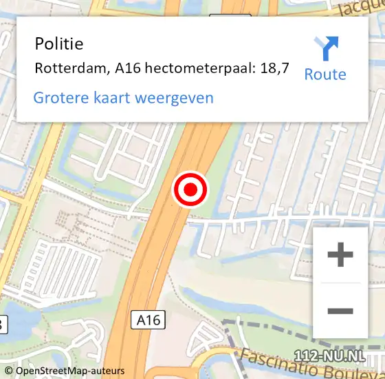 Locatie op kaart van de 112 melding: Politie Rotterdam, A16 hectometerpaal: 18,7 op 5 maart 2022 20:13