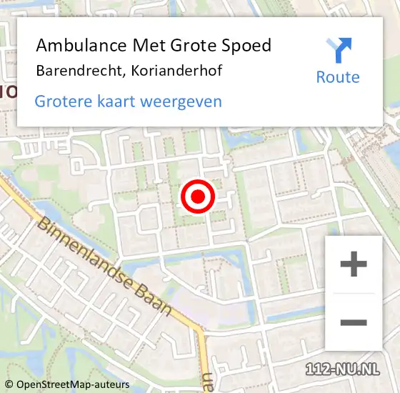 Locatie op kaart van de 112 melding: Ambulance Met Grote Spoed Naar Barendrecht, Korianderhof op 5 maart 2022 22:20