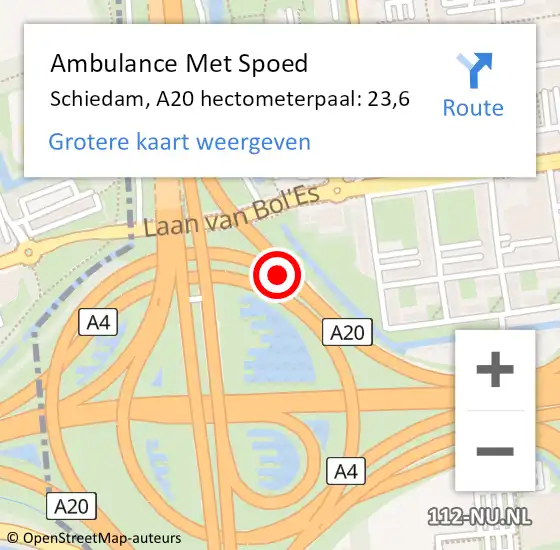 Locatie op kaart van de 112 melding: Ambulance Met Spoed Naar Schiedam, A20 hectometerpaal: 23,6 op 5 maart 2022 22:41