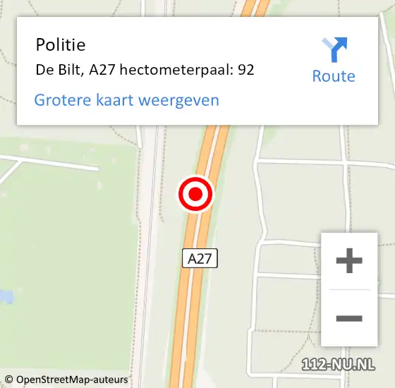 Locatie op kaart van de 112 melding: Politie De Bilt, A27 hectometerpaal: 92 op 5 maart 2022 22:43