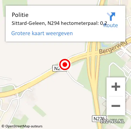 Locatie op kaart van de 112 melding: Politie Sittard-Geleen, N294 hectometerpaal: 0,2 op 6 maart 2022 02:52