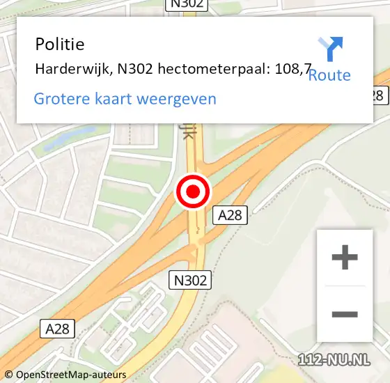 Locatie op kaart van de 112 melding: Politie Ermelo, N302 hectometerpaal: 108,7 op 6 maart 2022 11:17