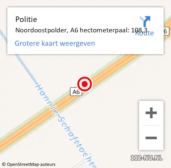 Locatie op kaart van de 112 melding: Politie Noordoostpolder, A6 hectometerpaal: 108,3 op 6 maart 2022 12:59