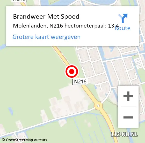 Locatie op kaart van de 112 melding: Brandweer Met Spoed Naar Molenlanden, N216 hectometerpaal: 13,4 op 6 maart 2022 13:40