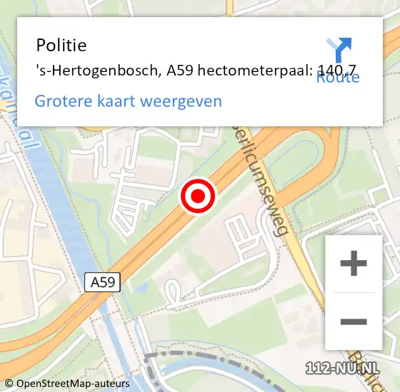 Locatie op kaart van de 112 melding: Politie 's-Hertogenbosch, A59 hectometerpaal: 140,7 op 6 maart 2022 15:32