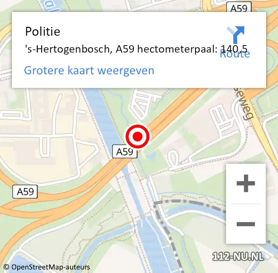 Locatie op kaart van de 112 melding: Politie 's-Hertogenbosch, A59 hectometerpaal: 140,5 op 6 maart 2022 15:34