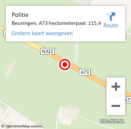 Locatie op kaart van de 112 melding: Politie Beuningen, A73 hectometerpaal: 115,4 op 6 maart 2022 20:40