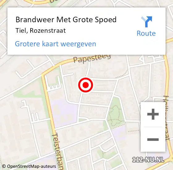 Locatie op kaart van de 112 melding: Brandweer Met Grote Spoed Naar Tiel, Rozenstraat op 6 maart 2022 21:30