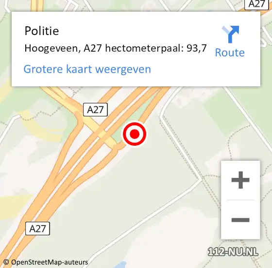 Locatie op kaart van de 112 melding: Politie Hoogeveen, A27 hectometerpaal: 93,7 op 7 maart 2022 00:36