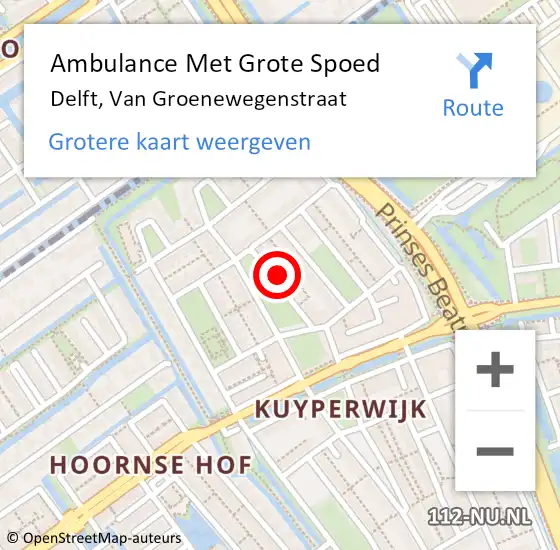 Locatie op kaart van de 112 melding: Ambulance Met Grote Spoed Naar Delft, Van Groenewegenstraat op 7 maart 2022 05:35