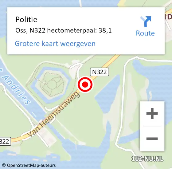 Locatie op kaart van de 112 melding: Politie Oss, N322 hectometerpaal: 38,1 op 7 maart 2022 05:47