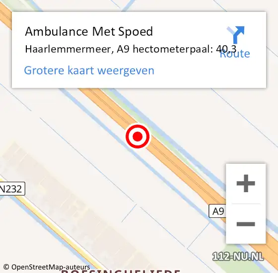 Locatie op kaart van de 112 melding: Ambulance Met Spoed Naar Haarlemmermeer, A9 hectometerpaal: 40,3 op 7 maart 2022 06:24