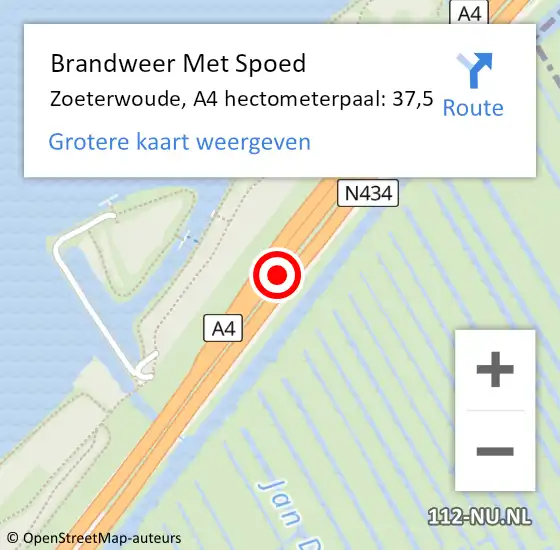 Locatie op kaart van de 112 melding: Brandweer Met Spoed Naar Zoeterwoude, A4 hectometerpaal: 37,5 op 7 maart 2022 06:29