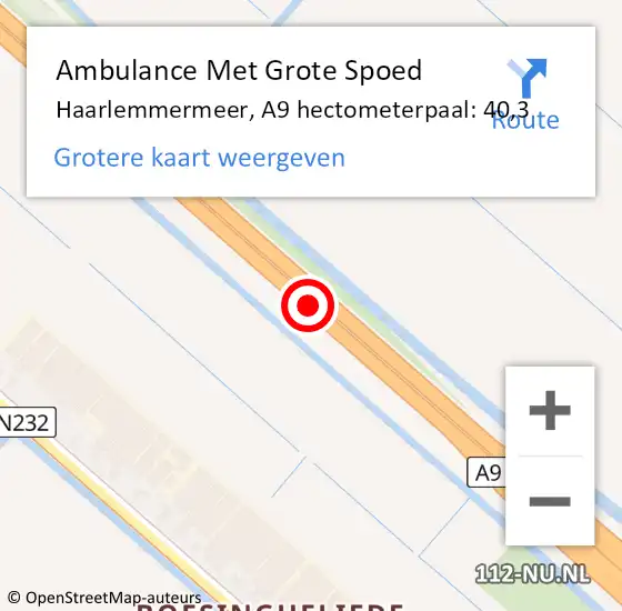 Locatie op kaart van de 112 melding: Ambulance Met Grote Spoed Naar Haarlemmermeer, A9 hectometerpaal: 40,3 op 7 maart 2022 06:48