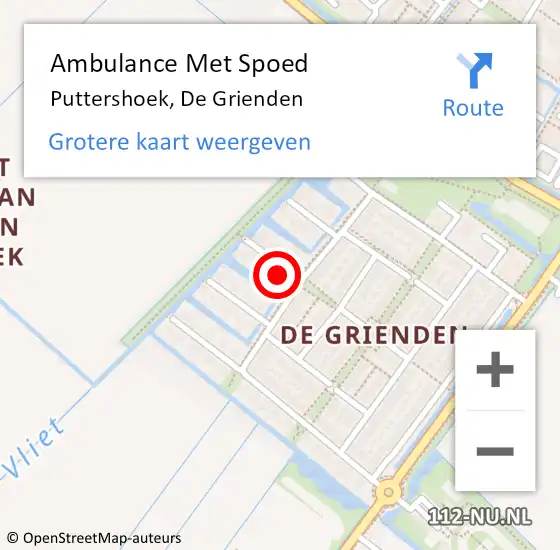 Locatie op kaart van de 112 melding: Ambulance Met Spoed Naar Puttershoek, De Grienden op 7 maart 2022 07:49