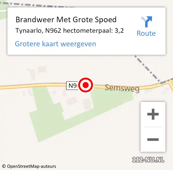 Locatie op kaart van de 112 melding: Brandweer Met Grote Spoed Naar Tynaarlo, N962 hectometerpaal: 3,2 op 7 maart 2022 08:02