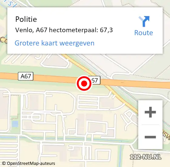 Locatie op kaart van de 112 melding: Politie Venlo, A67 hectometerpaal: 67,3 op 7 maart 2022 11:10