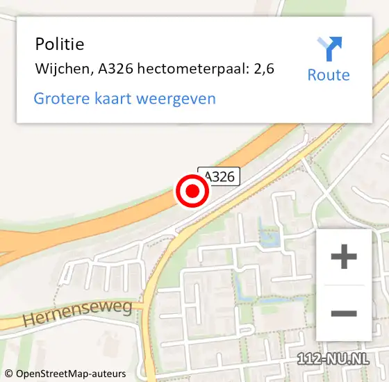 Locatie op kaart van de 112 melding: Politie Wijchen, A326 hectometerpaal: 2,6 op 7 maart 2022 14:06