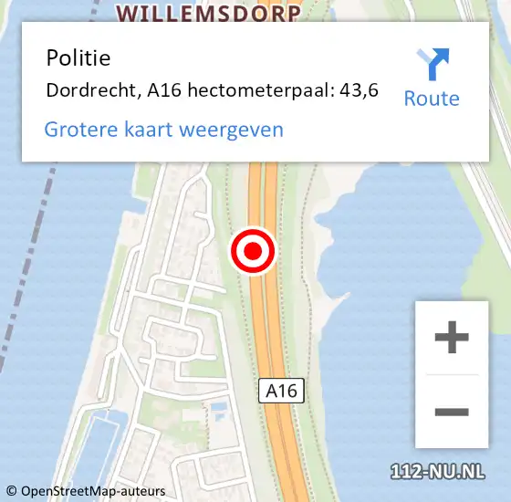 Locatie op kaart van de 112 melding: Politie Dordrecht, A16 hectometerpaal: 43,6 op 7 maart 2022 15:19