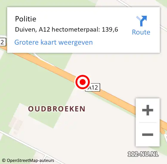 Locatie op kaart van de 112 melding: Politie Duiven, A12 hectometerpaal: 139,6 op 7 maart 2022 16:11