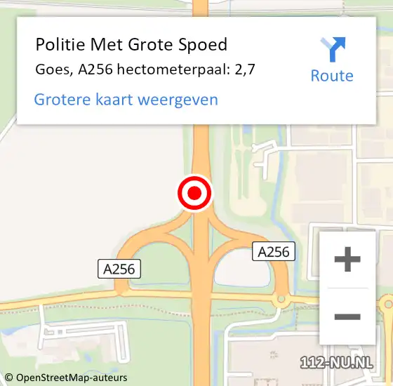 Locatie op kaart van de 112 melding: Politie Met Grote Spoed Naar Goes, A256 hectometerpaal: 2,7 op 7 maart 2022 16:36