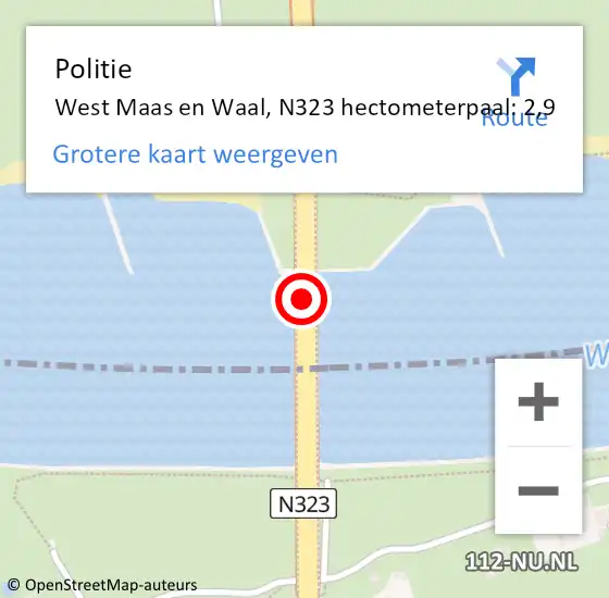 Locatie op kaart van de 112 melding: Politie West Maas en Waal, N323 hectometerpaal: 2,9 op 7 maart 2022 17:41