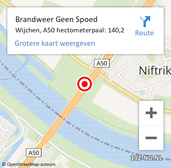 Locatie op kaart van de 112 melding: Brandweer Geen Spoed Naar Wijchen, A50 hectometerpaal: 140,2 op 7 maart 2022 19:29