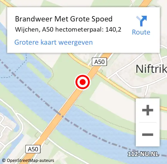 Locatie op kaart van de 112 melding: Brandweer Met Grote Spoed Naar Wijchen, A50 hectometerpaal: 140,2 op 7 maart 2022 19:33