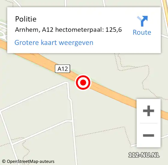 Locatie op kaart van de 112 melding: Politie Arnhem, A12 hectometerpaal: 125,6 op 8 maart 2022 08:00