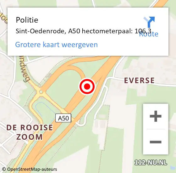Locatie op kaart van de 112 melding: Politie Sint-Oedenrode, A50 hectometerpaal: 106,3 op 8 maart 2022 08:10
