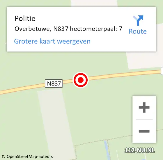 Locatie op kaart van de 112 melding: Politie Overbetuwe, N837 hectometerpaal: 7 op 8 maart 2022 09:40
