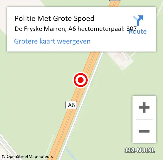 Locatie op kaart van de 112 melding: Politie Met Grote Spoed Naar De Fryske Marren, A6 hectometerpaal: 307 op 8 maart 2022 10:54