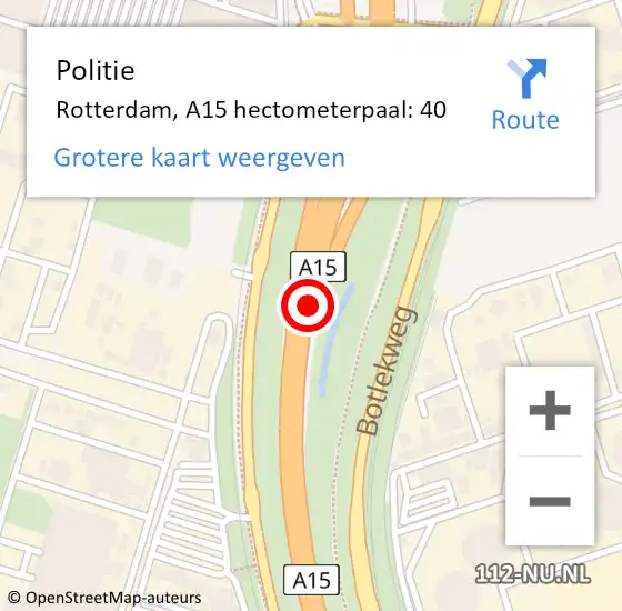 Locatie op kaart van de 112 melding: Politie Rotterdam, A15 hectometerpaal: 40 op 8 maart 2022 11:46