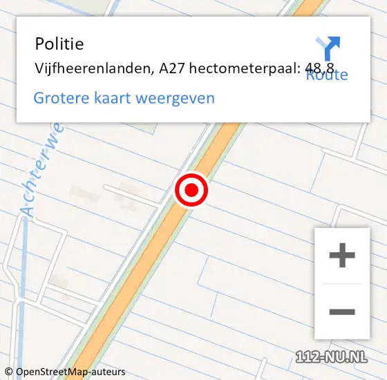 Locatie op kaart van de 112 melding: Politie Vijfheerenlanden, A27 hectometerpaal: 48,8 op 8 maart 2022 13:36