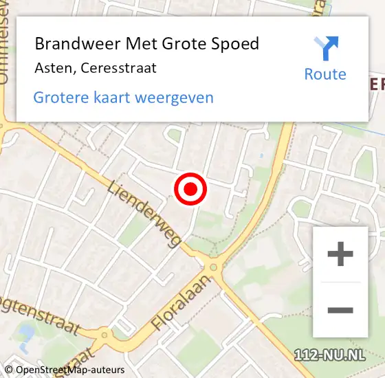 Locatie op kaart van de 112 melding: Brandweer Met Grote Spoed Naar Asten, Ceresstraat op 8 maart 2022 14:14