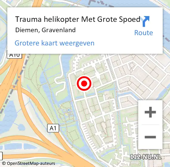 Locatie op kaart van de 112 melding: Trauma helikopter Met Grote Spoed Naar Diemen, Gravenland op 8 maart 2022 14:42