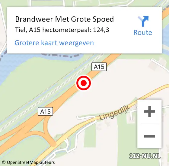 Locatie op kaart van de 112 melding: Brandweer Met Grote Spoed Naar Tiel, A15 hectometerpaal: 124,3 op 8 maart 2022 16:16