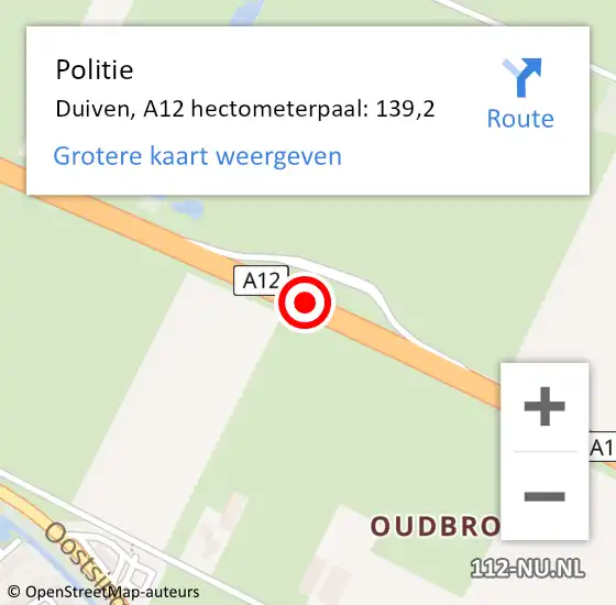 Locatie op kaart van de 112 melding: Politie Duiven, A12 hectometerpaal: 139,2 op 8 maart 2022 16:22