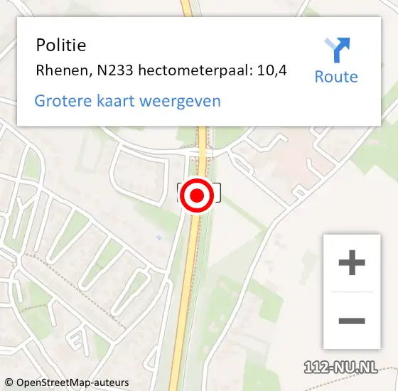 Locatie op kaart van de 112 melding: Politie Rhenen, N233 hectometerpaal: 10,4 op 8 maart 2022 17:48