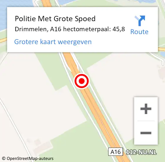 Locatie op kaart van de 112 melding: Politie Met Grote Spoed Naar Drimmelen, A16 hectometerpaal: 45,8 op 8 maart 2022 18:06