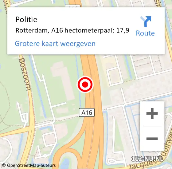 Locatie op kaart van de 112 melding: Politie Rotterdam, A16 hectometerpaal: 17,9 op 9 maart 2022 13:53