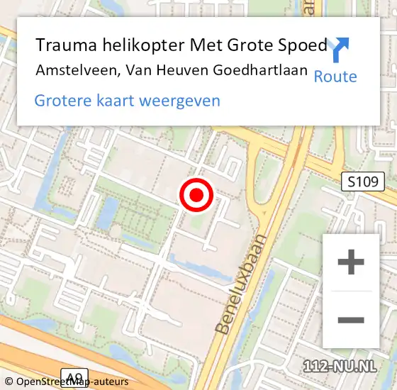 Locatie op kaart van de 112 melding: Trauma helikopter Met Grote Spoed Naar Amstelveen, Van Heuven Goedhartlaan op 9 maart 2022 14:52