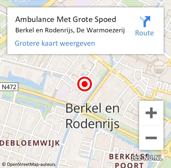 Locatie op kaart van de 112 melding: Ambulance Met Grote Spoed Naar Berkel en Rodenrijs, De Warmoezerij op 9 maart 2022 21:34