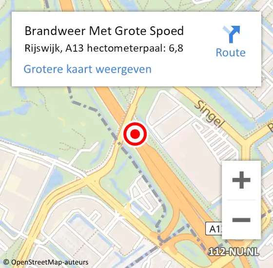 Locatie op kaart van de 112 melding: Brandweer Met Grote Spoed Naar Rijswijk, A13 hectometerpaal: 6,8 op 9 maart 2022 22:41