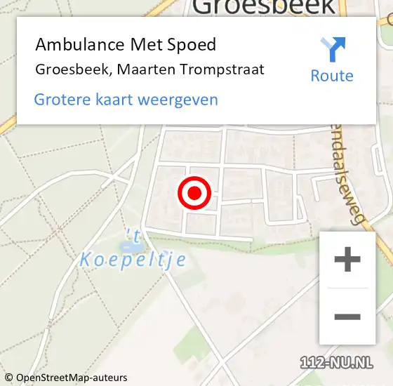 Locatie op kaart van de 112 melding: Ambulance Met Spoed Naar Groesbeek, Maarten Trompstraat op 10 maart 2022 05:50
