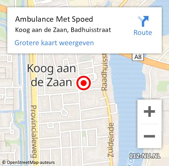 Locatie op kaart van de 112 melding: Ambulance Met Spoed Naar Koog aan de Zaan, Badhuisstraat op 10 maart 2022 06:01