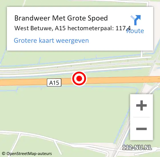 Locatie op kaart van de 112 melding: Brandweer Met Grote Spoed Naar West Betuwe, A15 hectometerpaal: 117,4 op 10 maart 2022 07:10