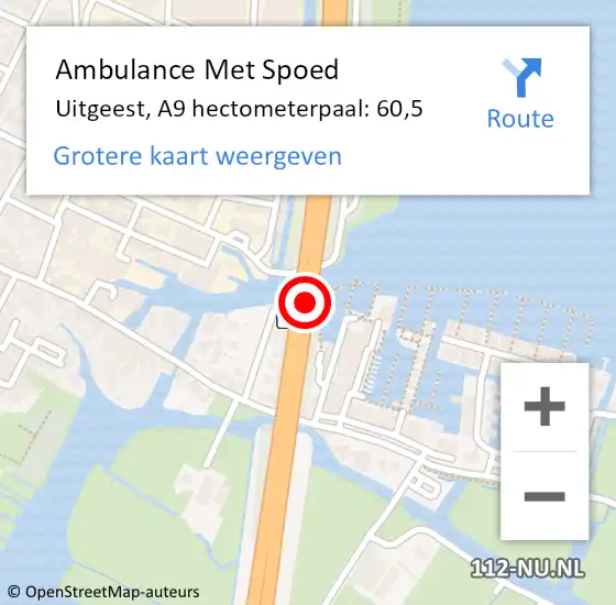 Locatie op kaart van de 112 melding: Ambulance Met Spoed Naar Uitgeest, A9 hectometerpaal: 60,5 op 10 maart 2022 08:08