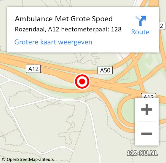 Locatie op kaart van de 112 melding: Ambulance Met Grote Spoed Naar Rozendaal, A12 hectometerpaal: 128 op 10 maart 2022 10:13